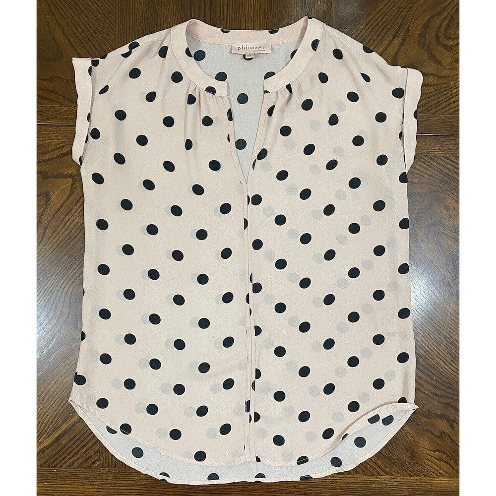 Philosophy Blouse Women's Pink Black Polka Dot Short Sleeve Small